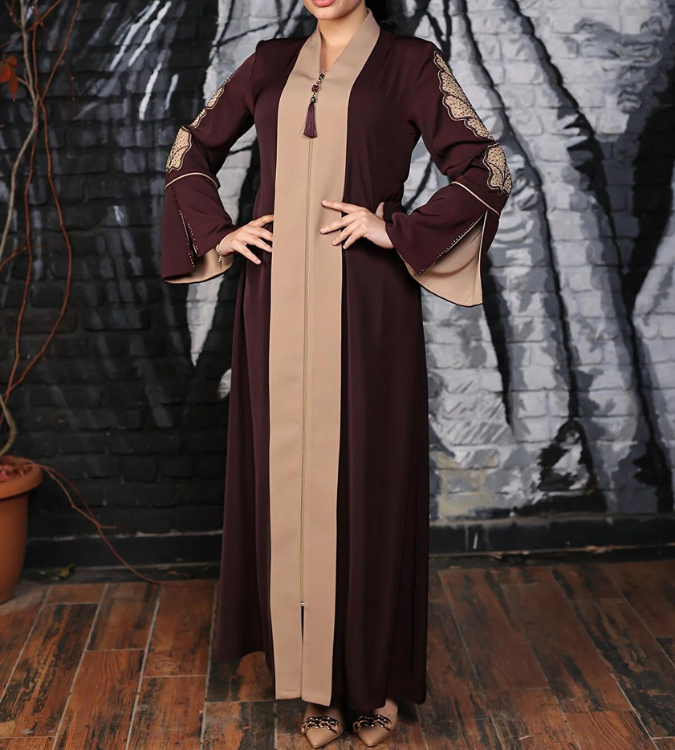 Women's embroidered abaya in bordeaux and beige