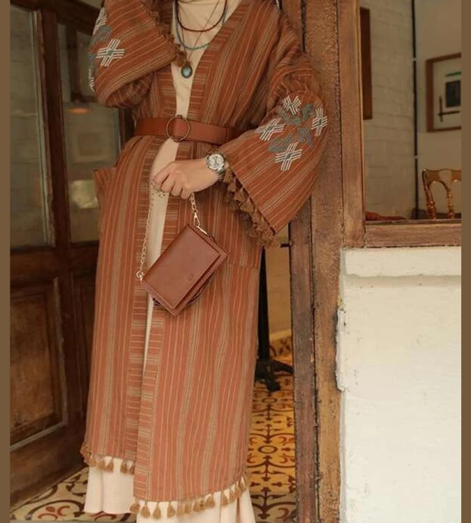 Women's Brown Embroidered Abaya Decorated with Tassels - ESRA KEKÜLLÜOĞLU