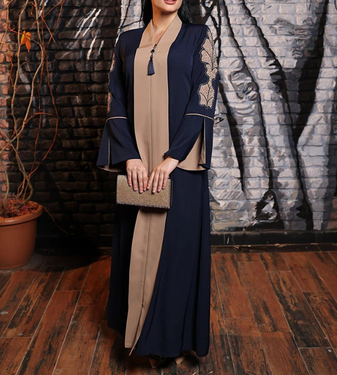Women's embroidered abaya in navy blue and beige