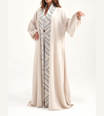 Beige Embroidered Linen Kaftan - Marever Fashion