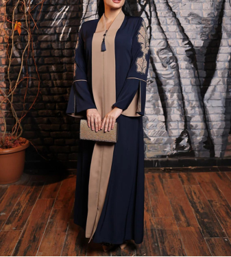 Women's embroidered abaya in navy blue and beige