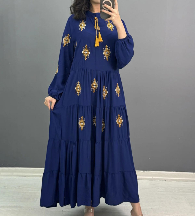 Women's Blue Embroidered Long Dress