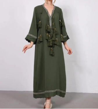 Women's dress decorated with tassels in olive color