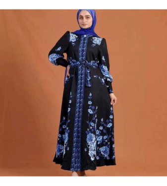 Black women's dress with floral design, made of satin fabric