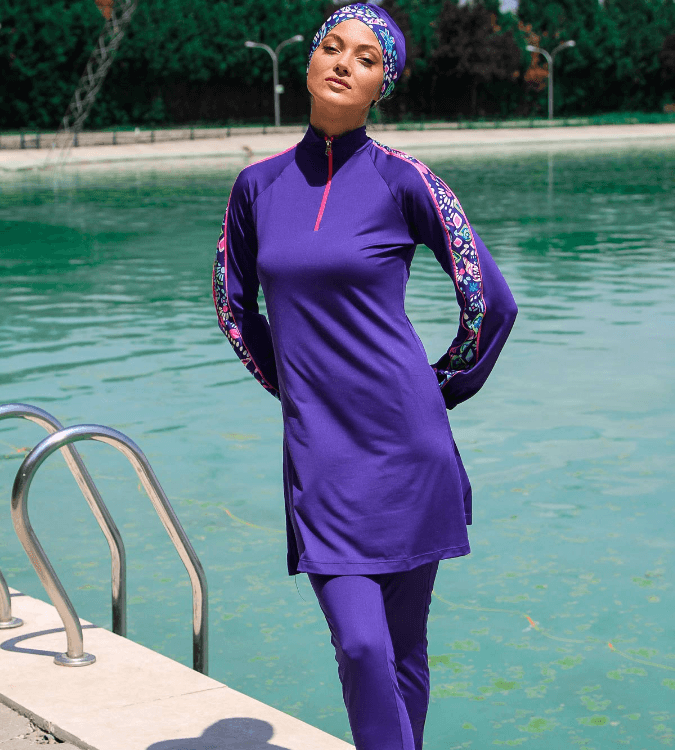 Long Sleeves Patterned Fully Covered Hijab Swimsuit