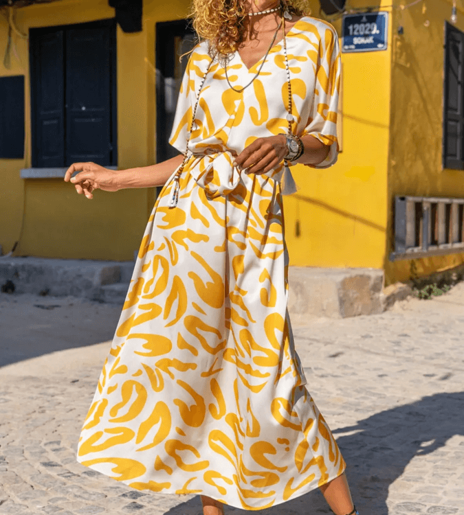 Women's Satin Dress with a V-Neck and Waist Belt from Sungirl