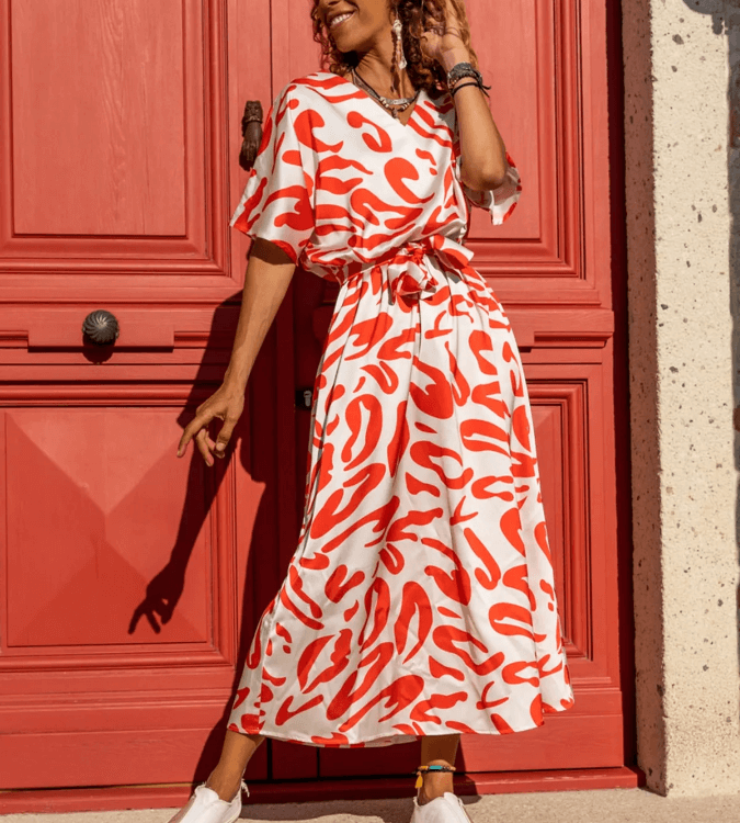 Women's Satin Dress with a V-Neck and Waist Belt from Sungirl