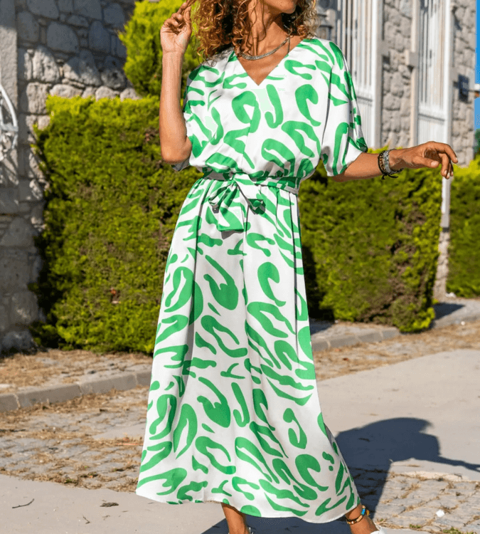 Women's Satin Dress with a V-Neck and Waist Belt from Sungirl