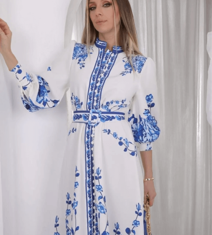 White Women's Dress with a Floral Design, made of satin fabric