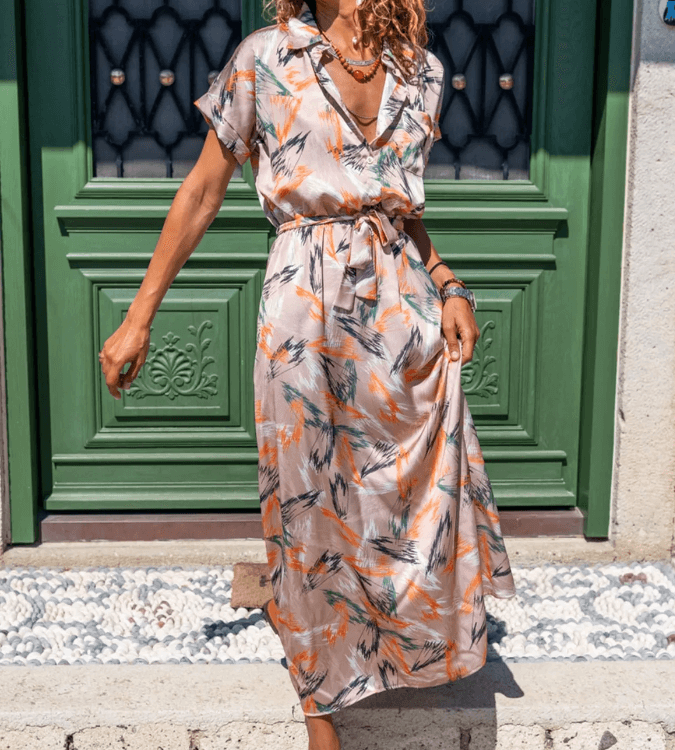 Women's long satin dress with elastic waist