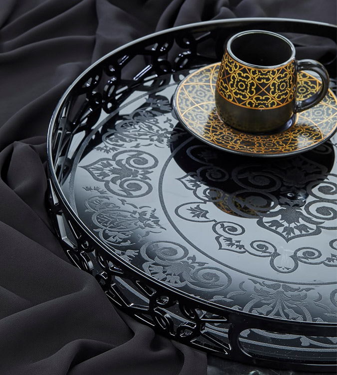 Black round coffee serving tray