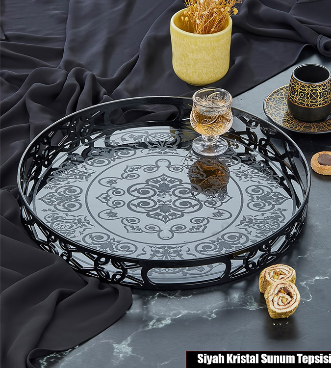 Black round coffee serving tray