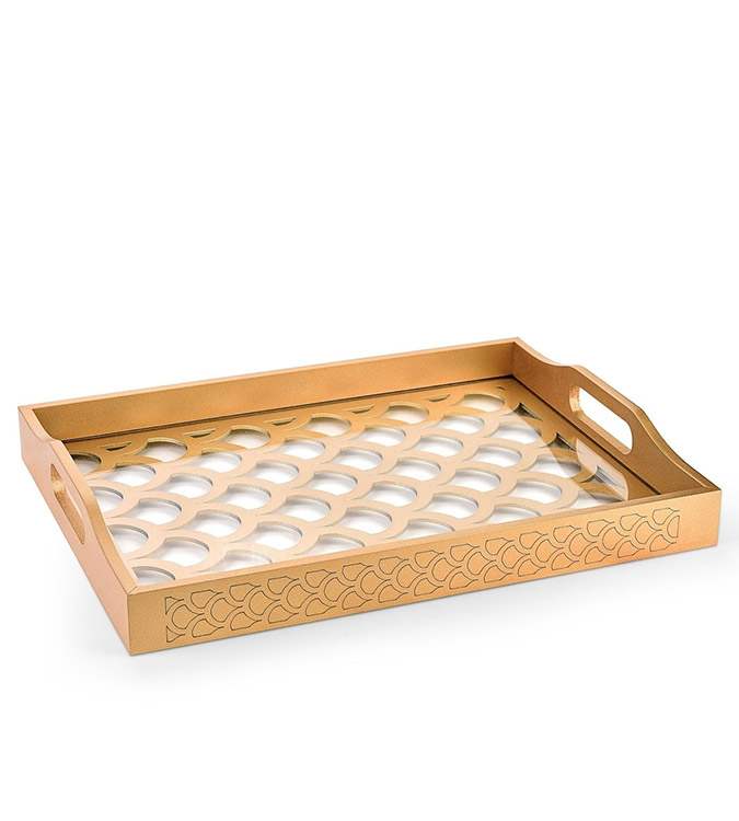 Wooden Glass Luxe Decorated Gold Lacquer Tray
