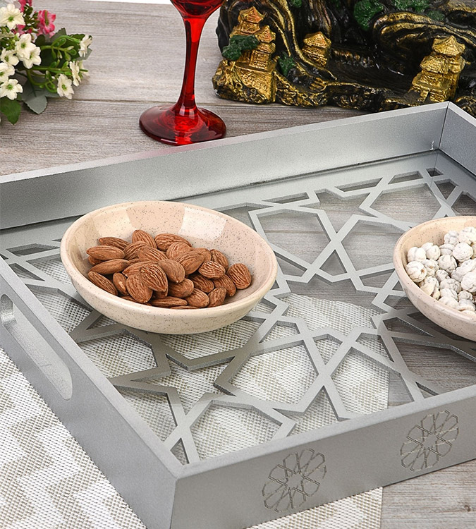 Wooden Glass Luxe Decorated Silver Lacquer Tray