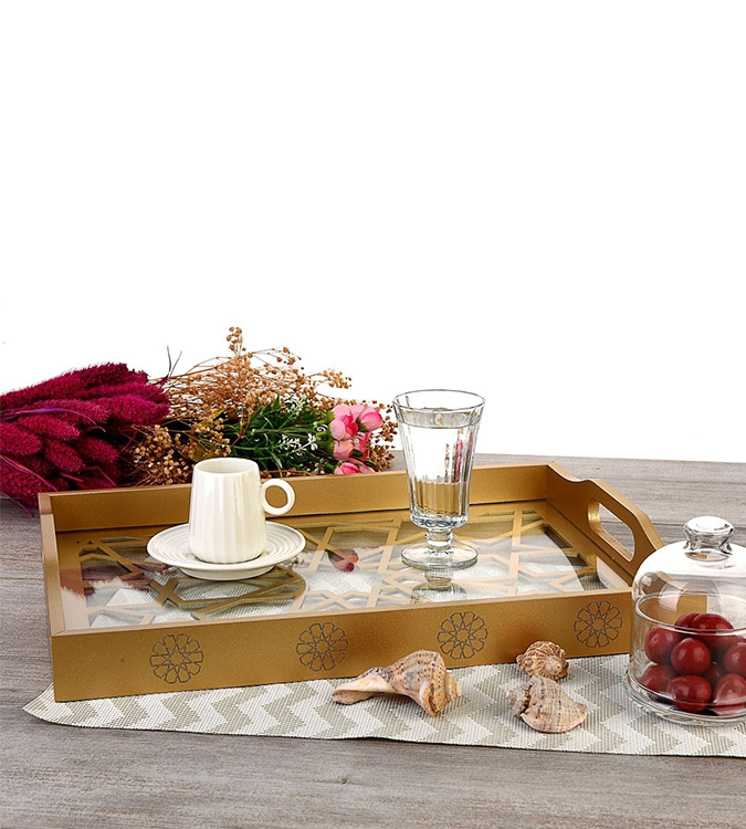 Wooden Glass Luxe Decorated Gold Lacquer Tray