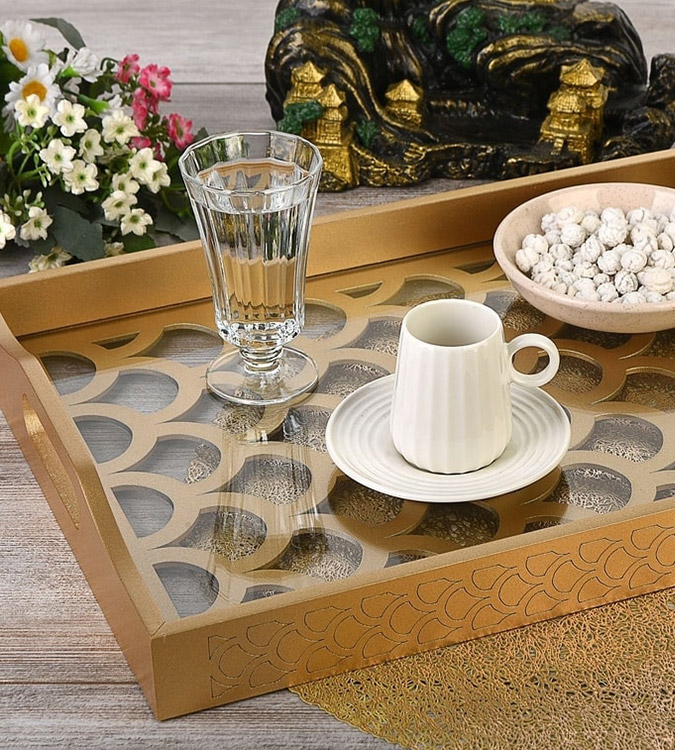 Wooden Glass Luxe Decorated Gold Lacquer Tray