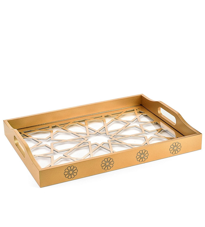 Wooden Glass Luxe Decorated Gold Lacquer Tray