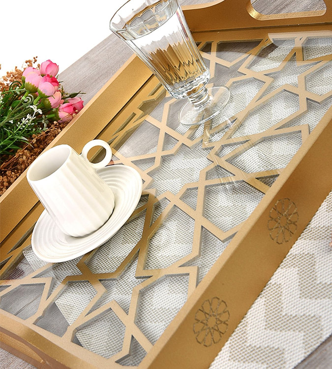 Wooden Glass Luxe Decorated Gold Lacquer Tray