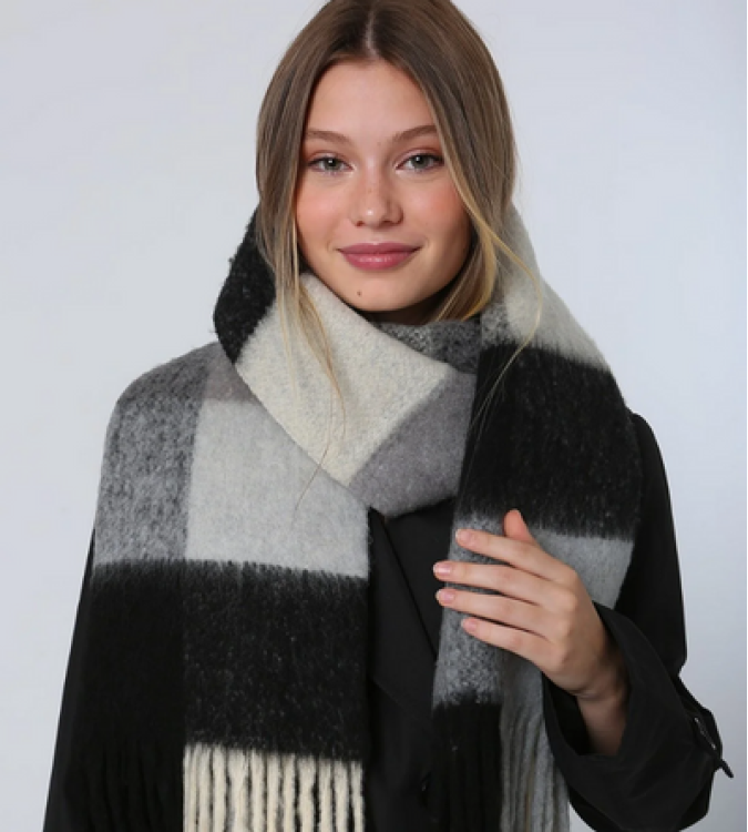 Black winter shawl scarf with square pattern