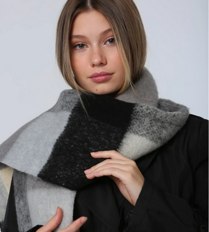 Black winter shawl scarf with square pattern