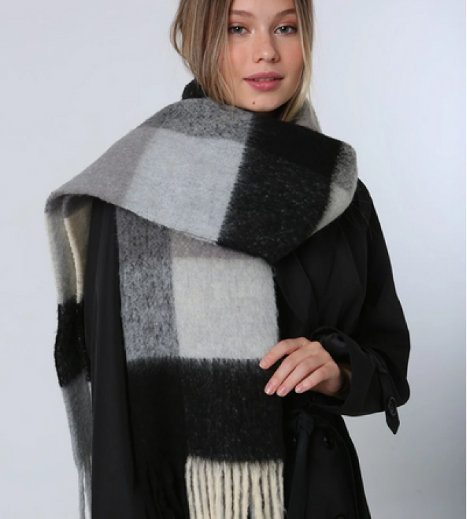 Black winter shawl scarf with square pattern