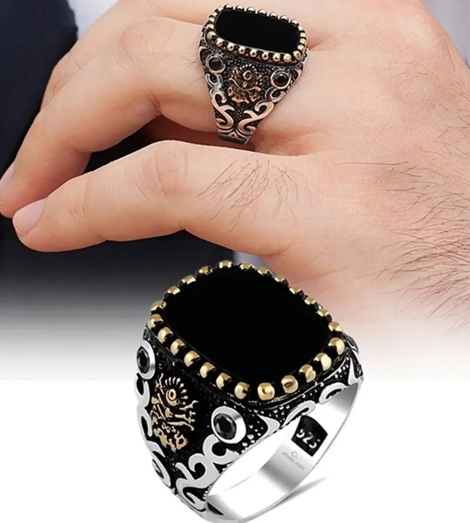Sterling Silver Men's Ring 925 with Onyx Stone and Ottoman Empire Emblem