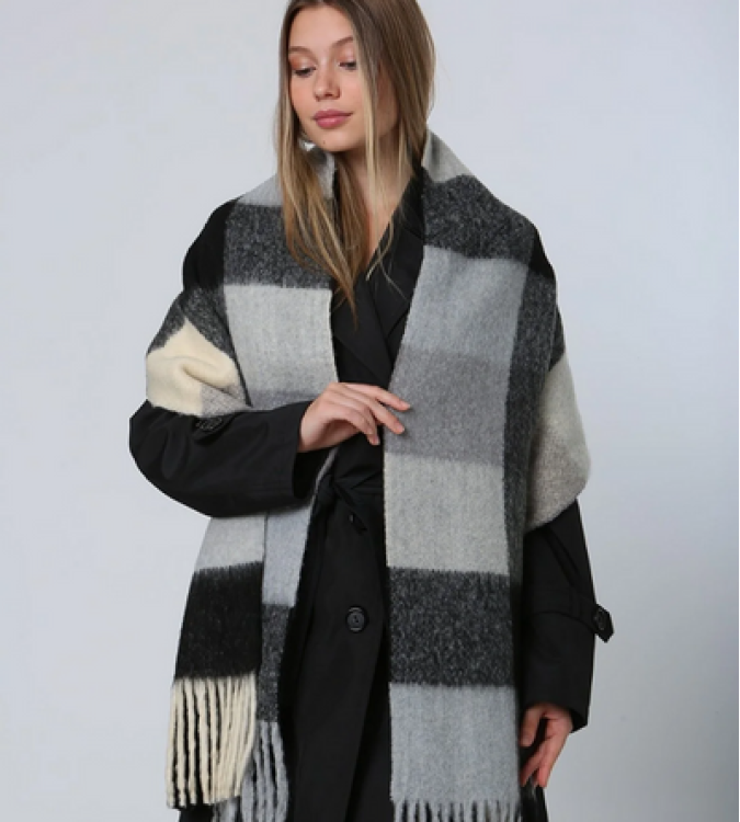 Black winter shawl scarf with square pattern