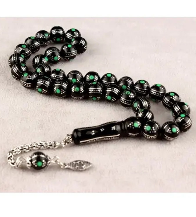 Silver Embroidered Erzurum Oltu Stone Rosary