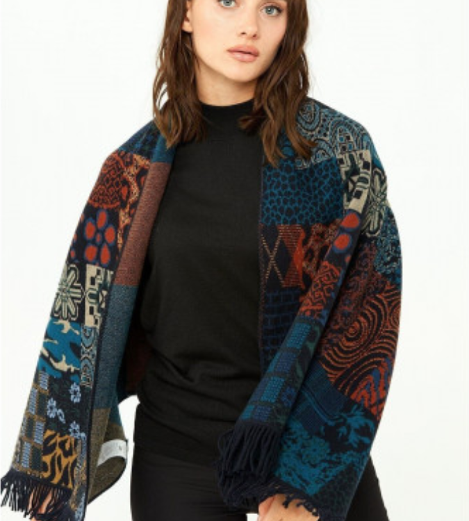 Women Patchwork Patterned Shawl Dark Navy