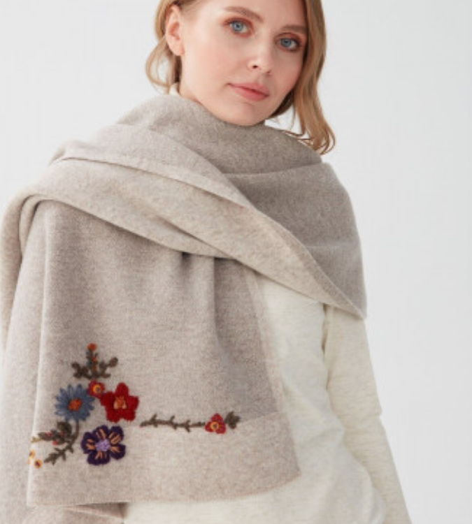Women Floral Embroidered Knitwear Shawl - Beige