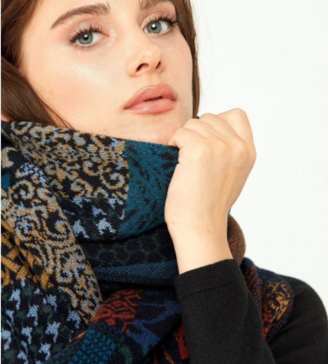 Women Patchwork Patterned Shawl Dark Navy