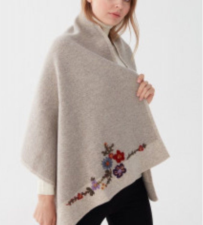 Women Floral Embroidered Knitwear Shawl - Beige