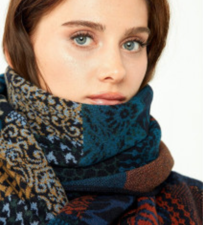 Women Patchwork Patterned Shawl Dark Navy