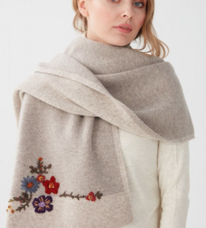 Women Floral Embroidered Knitwear Shawl - Beige