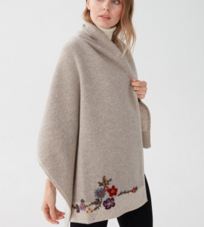 Women Floral Embroidered Knitwear Shawl - Beige