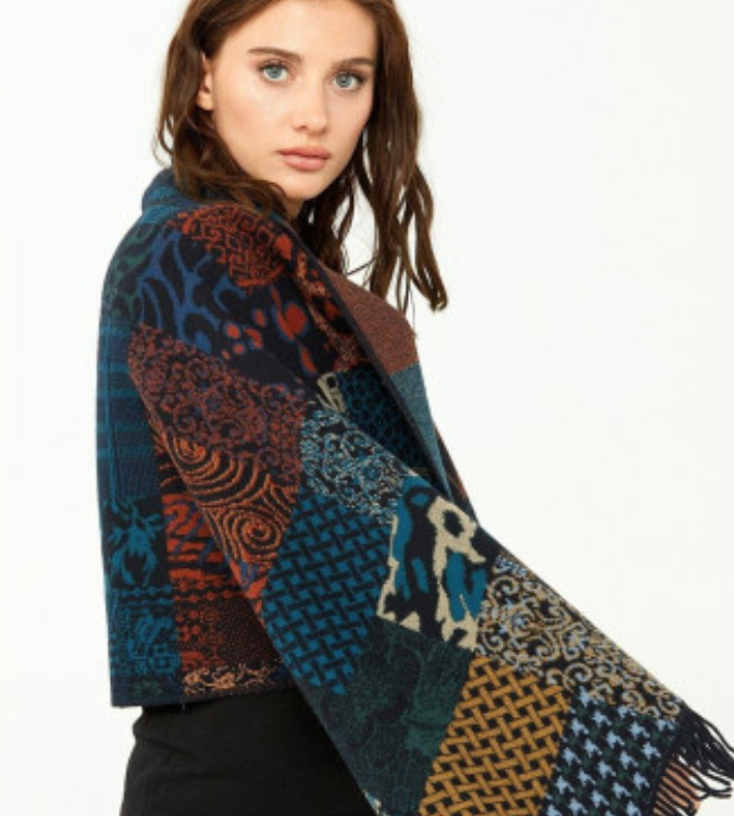 Women Patchwork Patterned Shawl Dark Navy