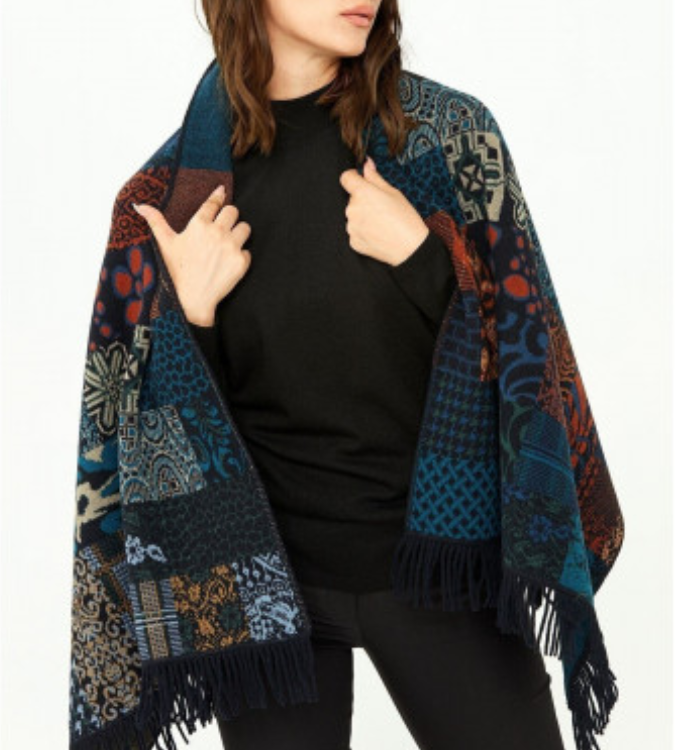 Women Patchwork Patterned Shawl Dark Navy