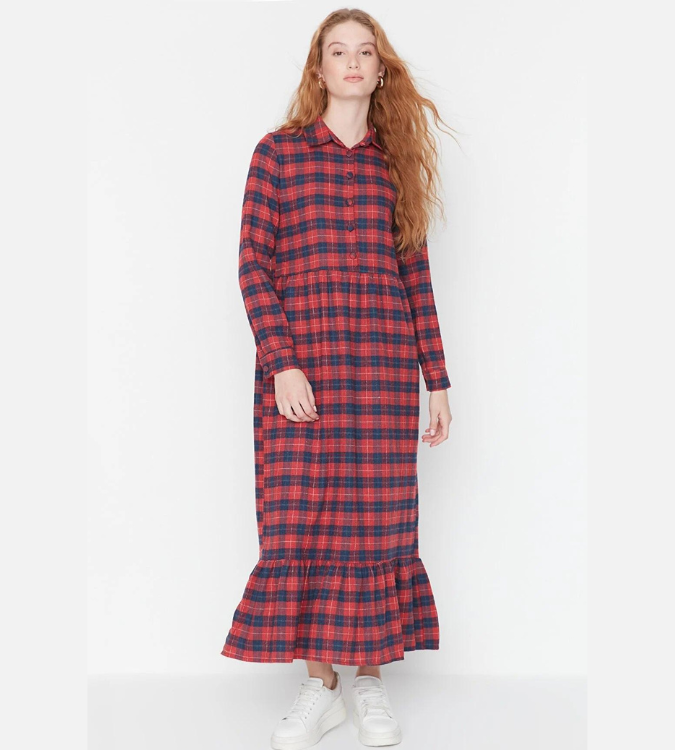 Long shirt collar check dress