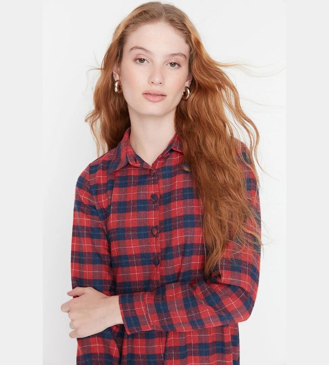 Long shirt collar check dress