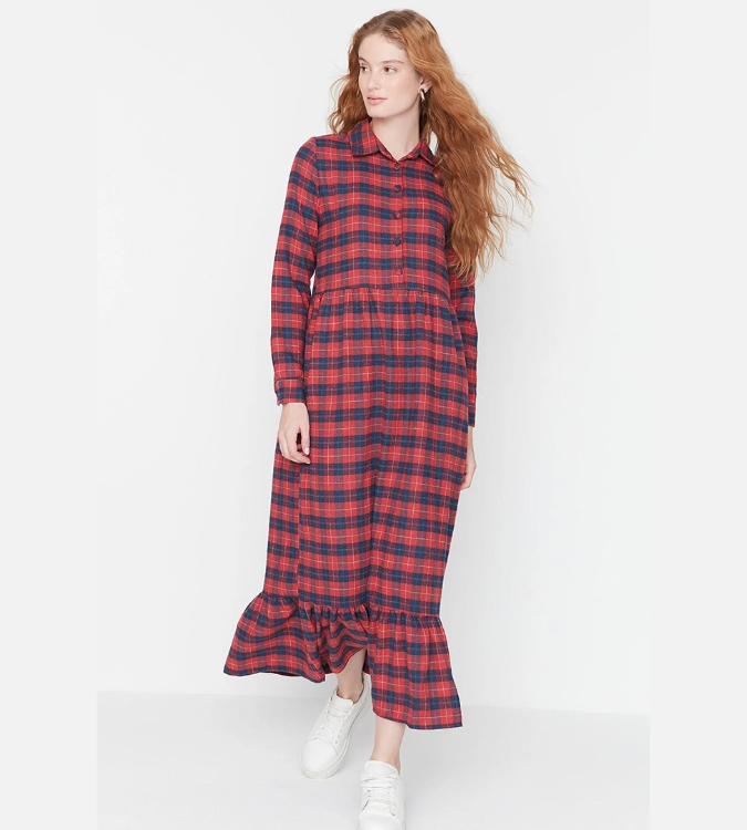 Long shirt collar check dress