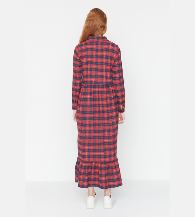 Long shirt collar check dress
