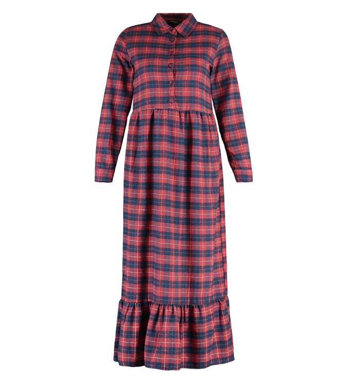 Long shirt collar check dress