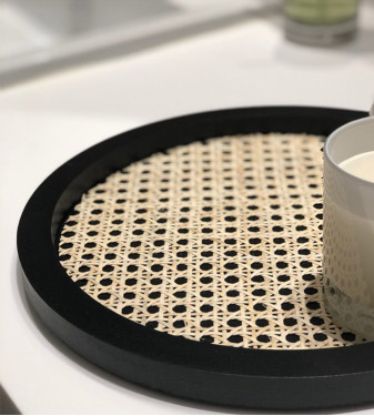 Handmade Black Round Wooden Tray with Natural Bamboo Design 