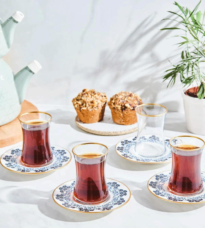 Karaca Turkish tea cups set for 6 people, blue color