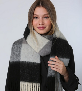 Black winter shawl scarf with square pattern