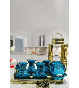 Blue ceramic tea cup set,6 people