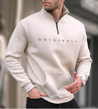 Men's Beige Embroidered Zipper Collar Sweatshirt
