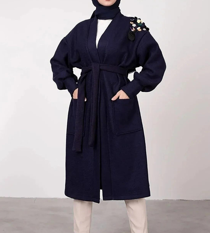 Women's navy blue sequined belted coat