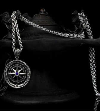 925 Silver Necklace for Men with a Zircon Stone Compass Design
