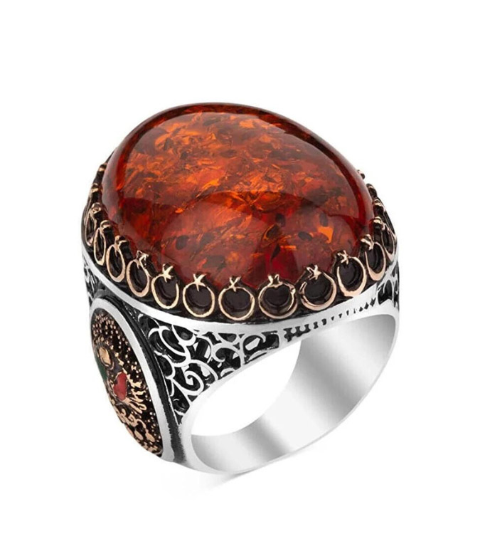 Men's 925 silver ring inlaid with amber stone